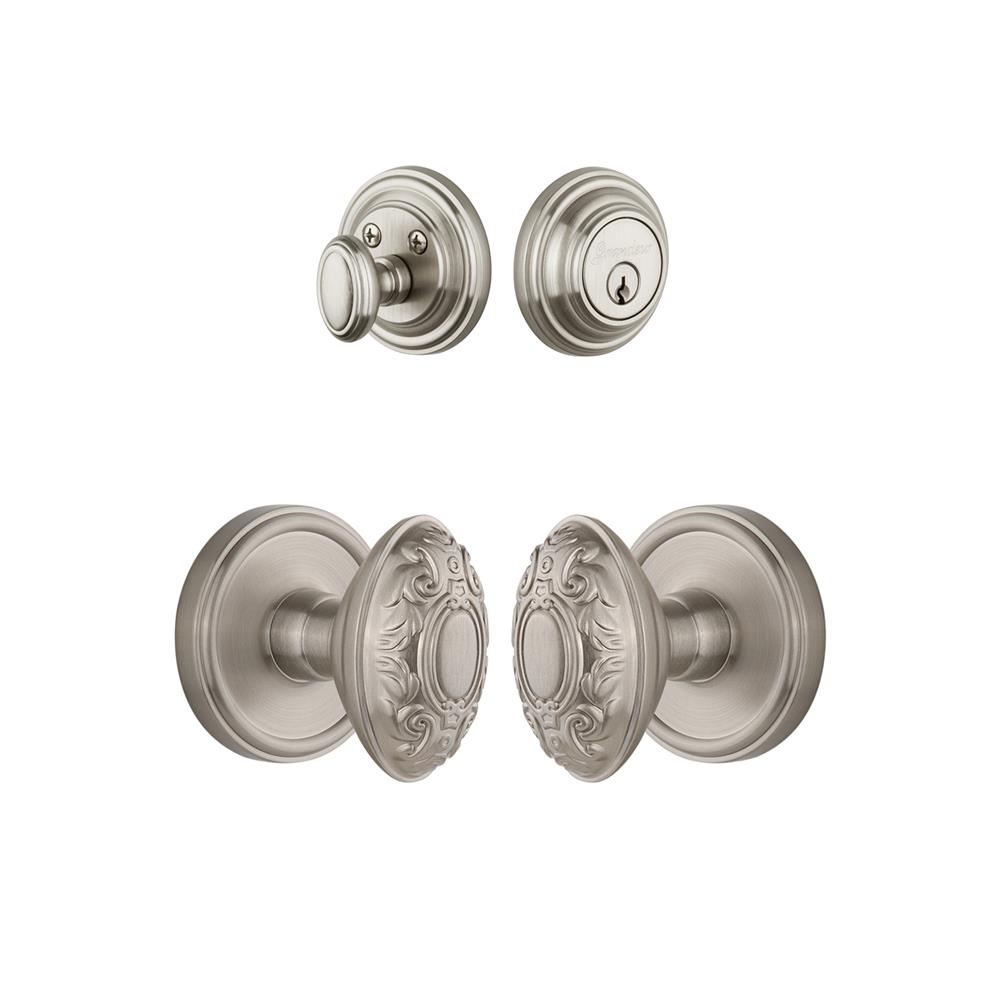 Grandeur by Nostalgic Warehouse Single Cylinder Combo Pack Keyed Differently - Georgetown Rosette with Grande Victorian Knob and Matching Deadbolt in Satin Nickel